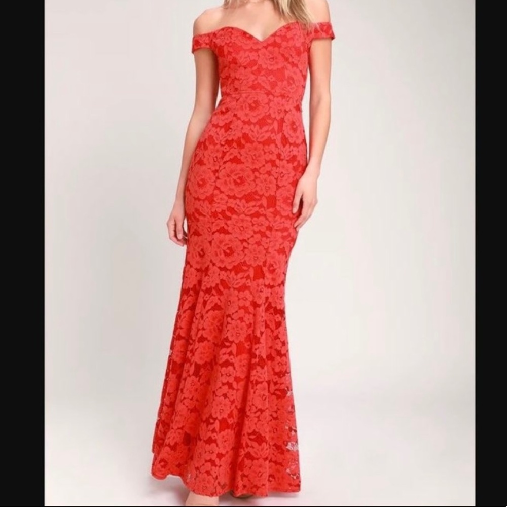 NWT Lulu’s Swept Up Off-Shoulder Red Lace Gown